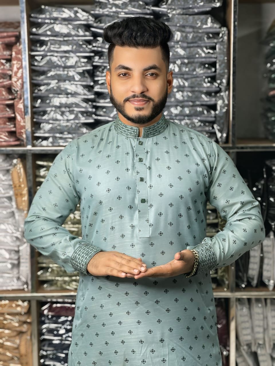 Punjabi Fashion Print 70 front view Men’s printed panjabi Punjabi Fashion Print 70 Punjabi Fashion Print 70 side view Punjabi Fashion Print 70 back view Stylish printed panjabi for men – Fashion Print 70 Cotton printed Punjabi Fashion Print 70 close-up Punjabi Fashion Print 70 design and pattern detail