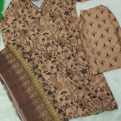Woman Digital Print Cotton Mixed Three Piece with Stone work