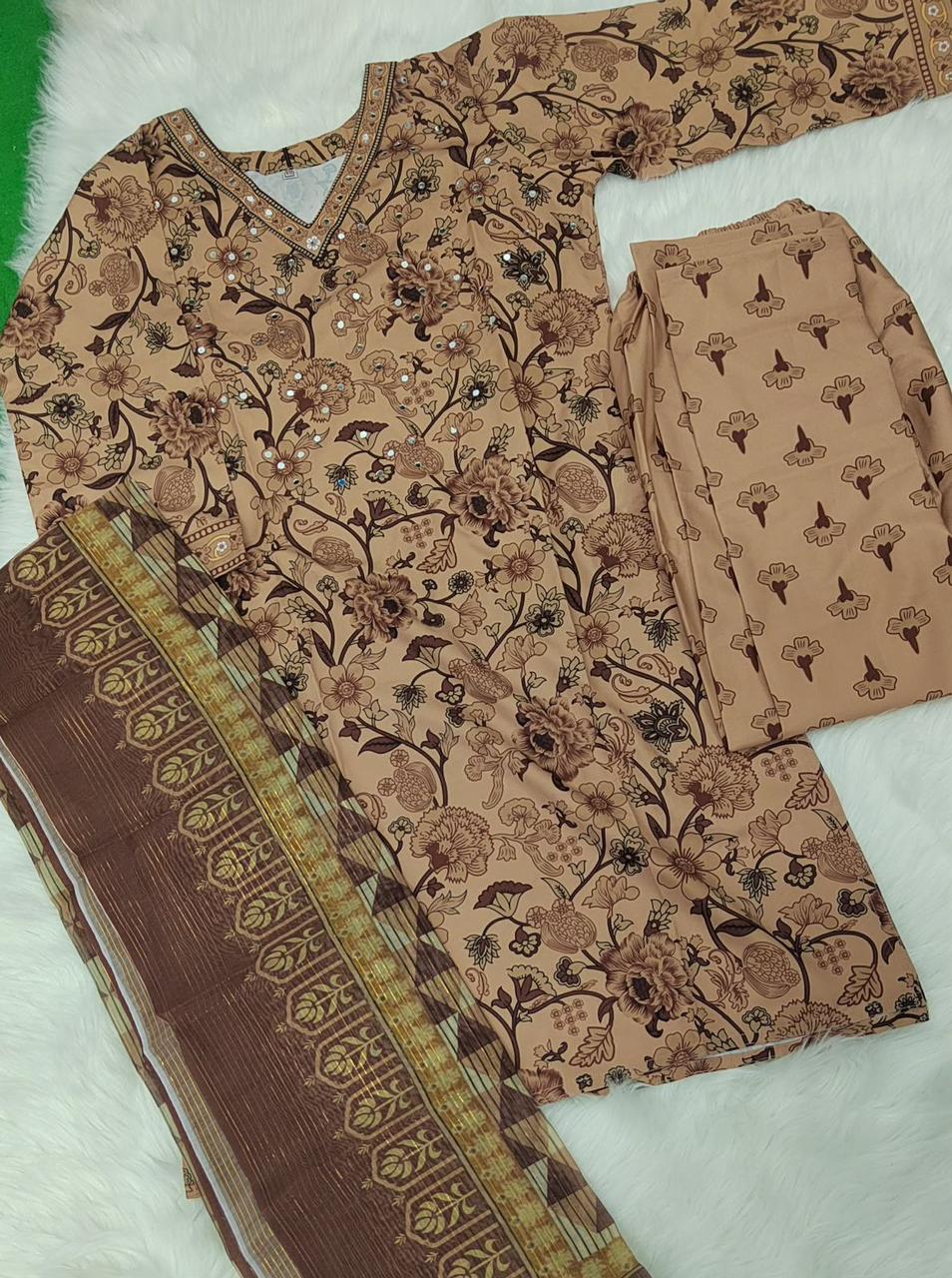 Woman Soft Cotton Mixed Fabric with Stone Three Piece